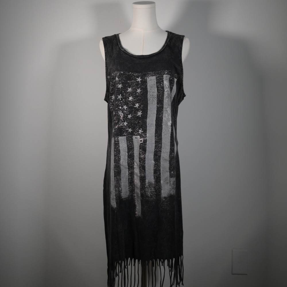 Rock & Republic Womens Acid Wash American Flag Fringe T-Shirt Dress Gray Large